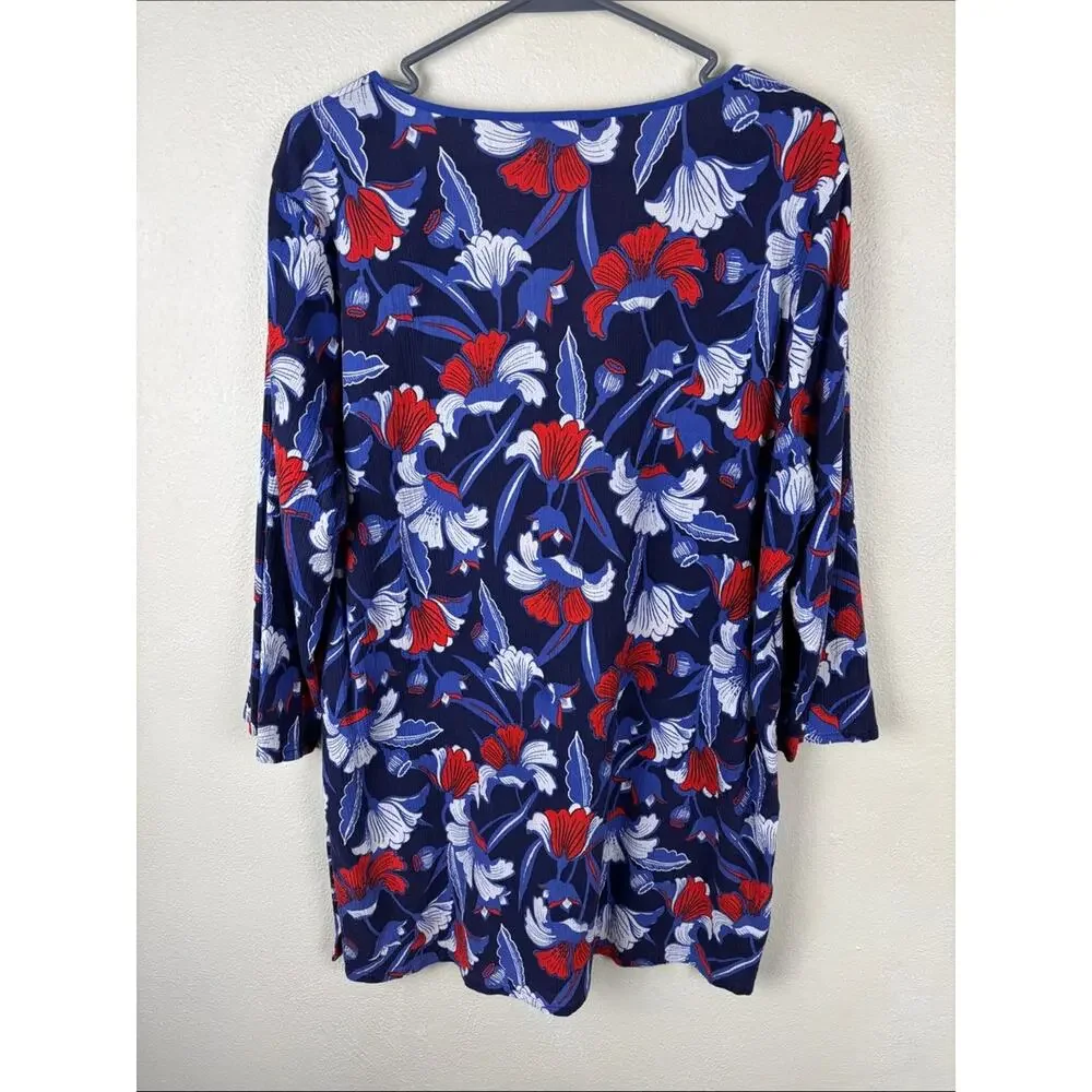 J.Crew V-Neck Tunic Top XL Blue Red White 3/4 Sleeve Cotton Swim Patriotic
